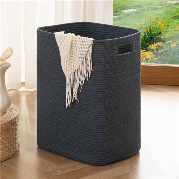 Laundry Basket Rectangle Cotton Storage Basket with Handles Blue 16x13x22